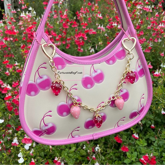 Heart Strawberry Bag Purse Charm Chain Swag Strap Hot Pink & Baby Pink Pearl - Picture 4 of 13